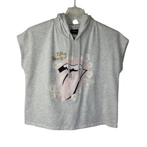 The Rolling Stones Shirt Women’s Dolman Sleeveless Hooded‎ Crop Top Grey Size L